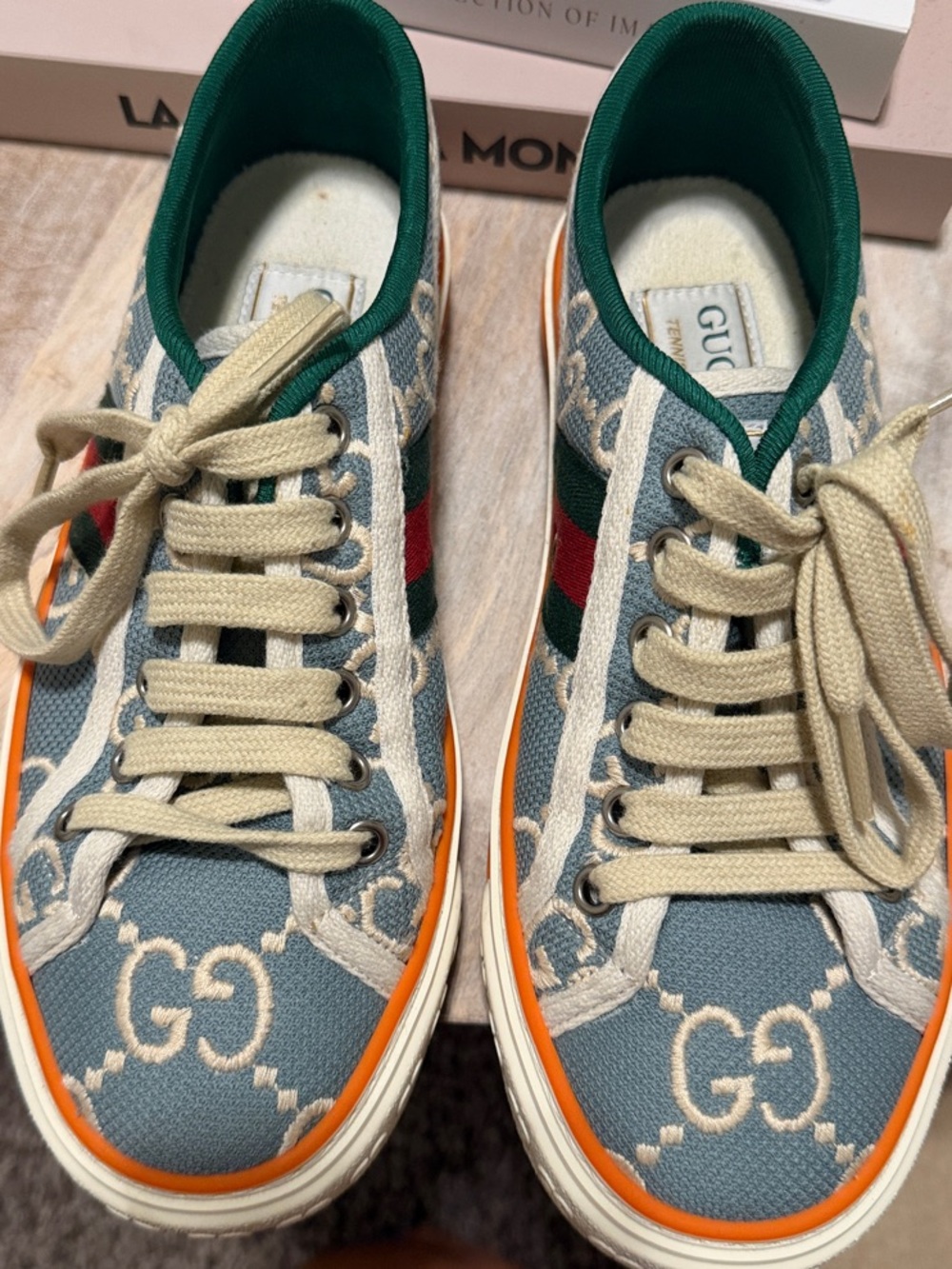 Gucci Blue GG Canvas Sneakers with Green & Red Web and Orange Trim